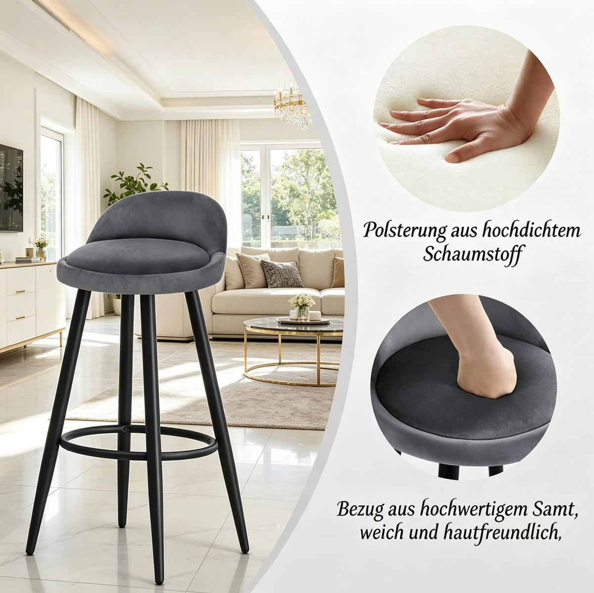 BARHOCKER mit Rückenlehne und Fußlehne Dunkelgrau Samt - Dunkelgrau, Holzwerkstoff (36.5/78.5/36.5cm) - MIVRAY