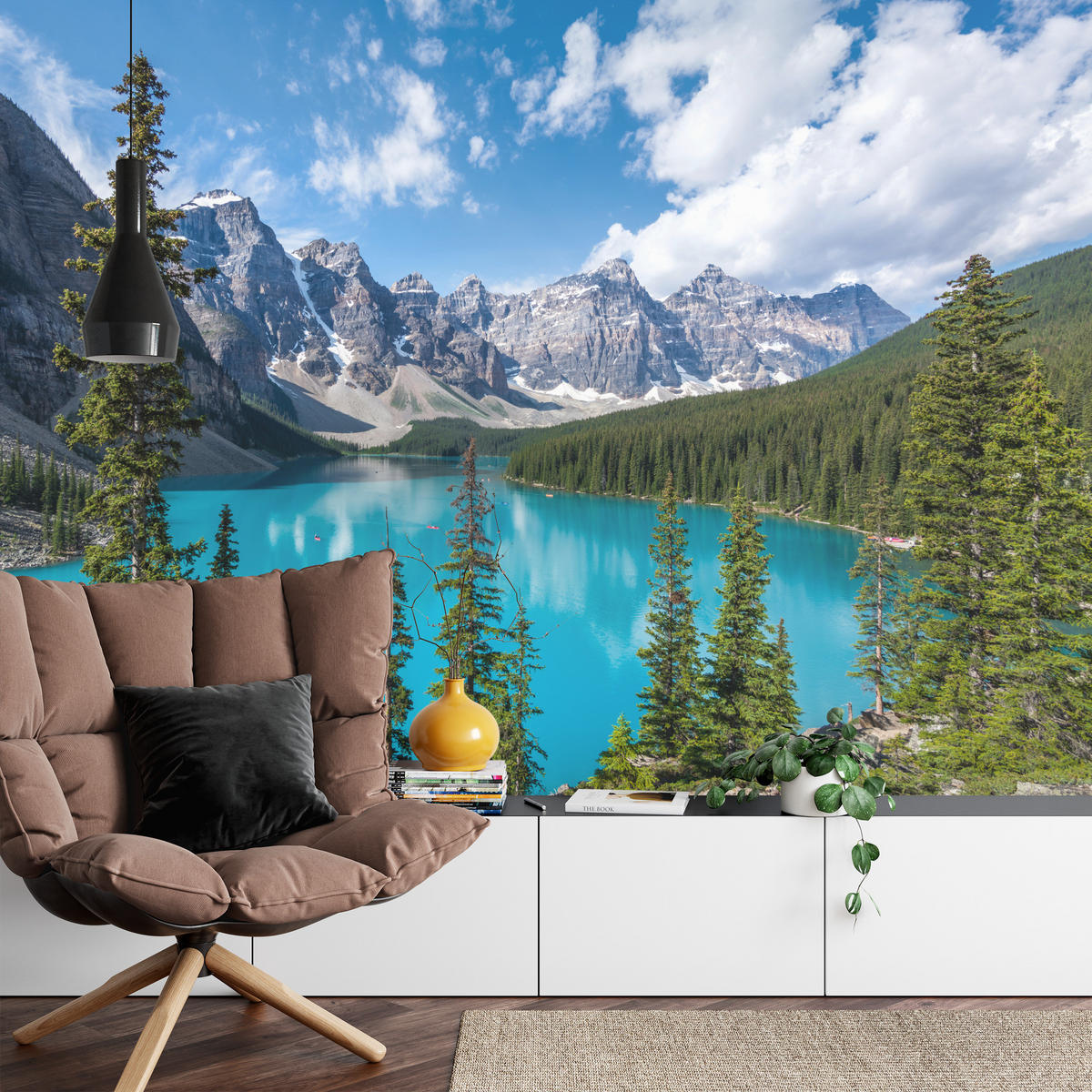 FOTOTAPETE See Berge Wald Landschaft 3D 400x280 - Türkis/Blau, Papier (400/280cm) - Muralo