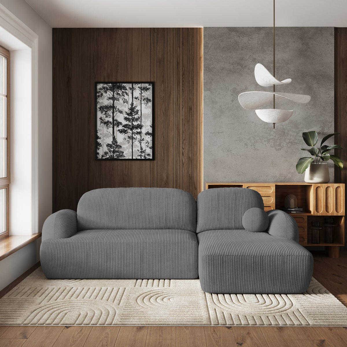 ECKSOFA MODENZA P R-S Grau Kordstoff mit Schlaffunktion - Grau, Holz (266/148cm) - MASSENO