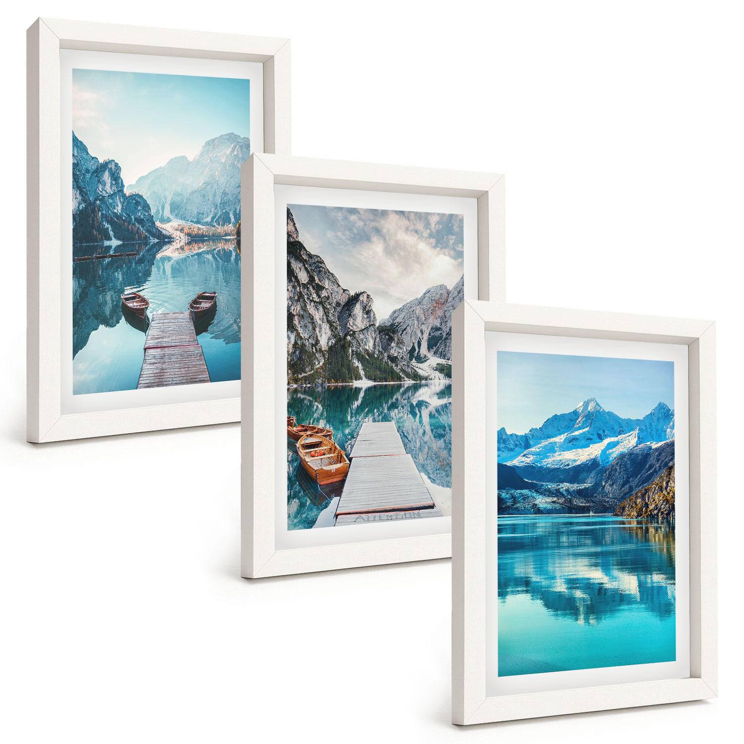 BILDER SET 3er Set - 20x30 cm Weißer Rahmen - Spiegelung der Boote auf Bergseen - Weiß, Kunststoff (20/30cm) - TULUP