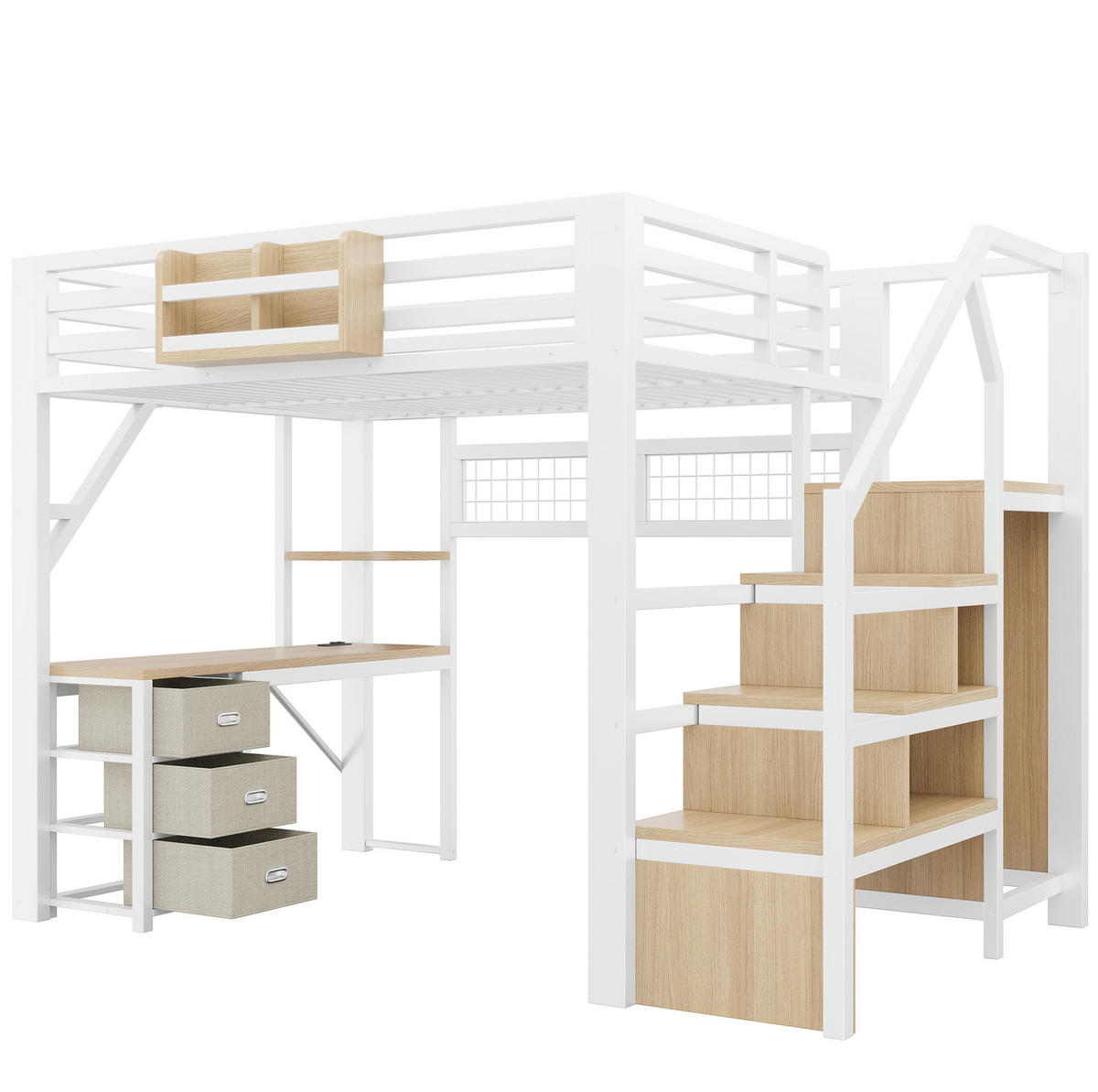 HOCHBETT 140/200 cm Weiß mit Treppenschrank und Schreibtisch - Weiß, Metall (140/200cm) - MIVRAY