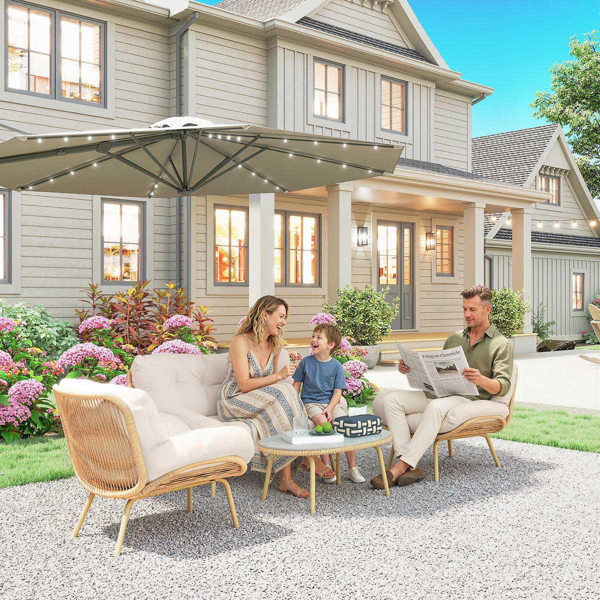 RATTAN-GARTENMÖBEL-SET 4er Set PE-Rattan Metall Beige - Beige, Textil/Metall - Outsunny