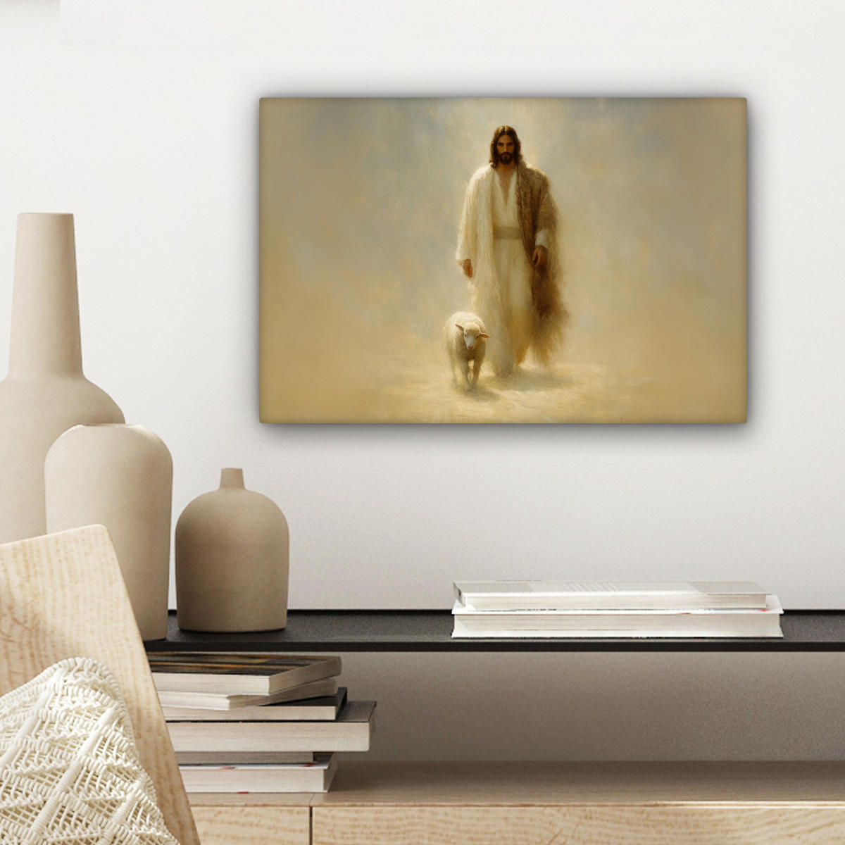 LEINWANDBILD Schaf - Jesus - Pinselstriche - Abstrakt Deko Schlafzimmer 30x20 cm - Sandfarben, Textil (30/20cm) - MuchoWow