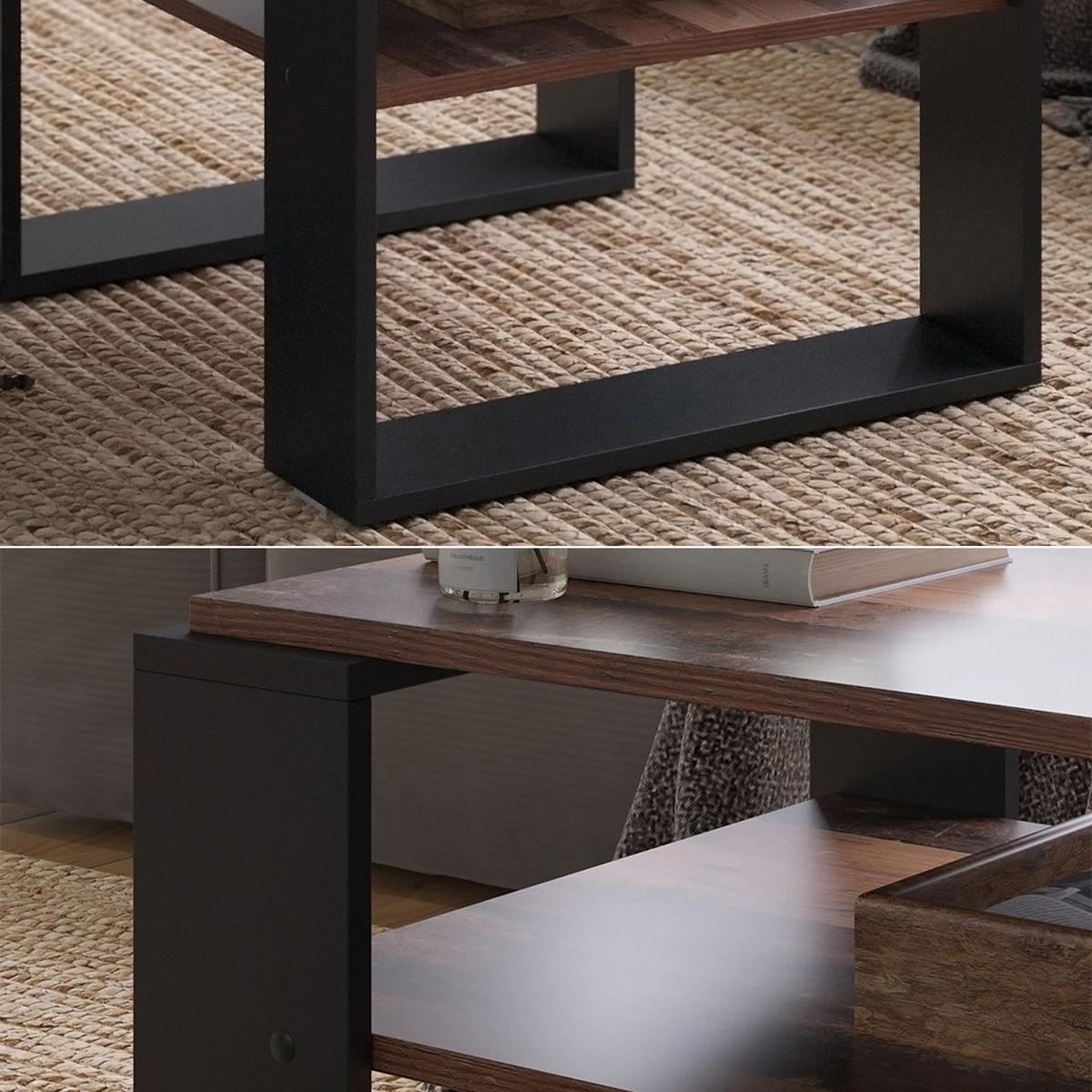 COUCHTISCH Helm Antikholz 65.6 x 55,8 cm mit Ablage - Alteiche/Schwarz, Holzwerkstoff (55.8/65.6/46.2cm) - Vicco