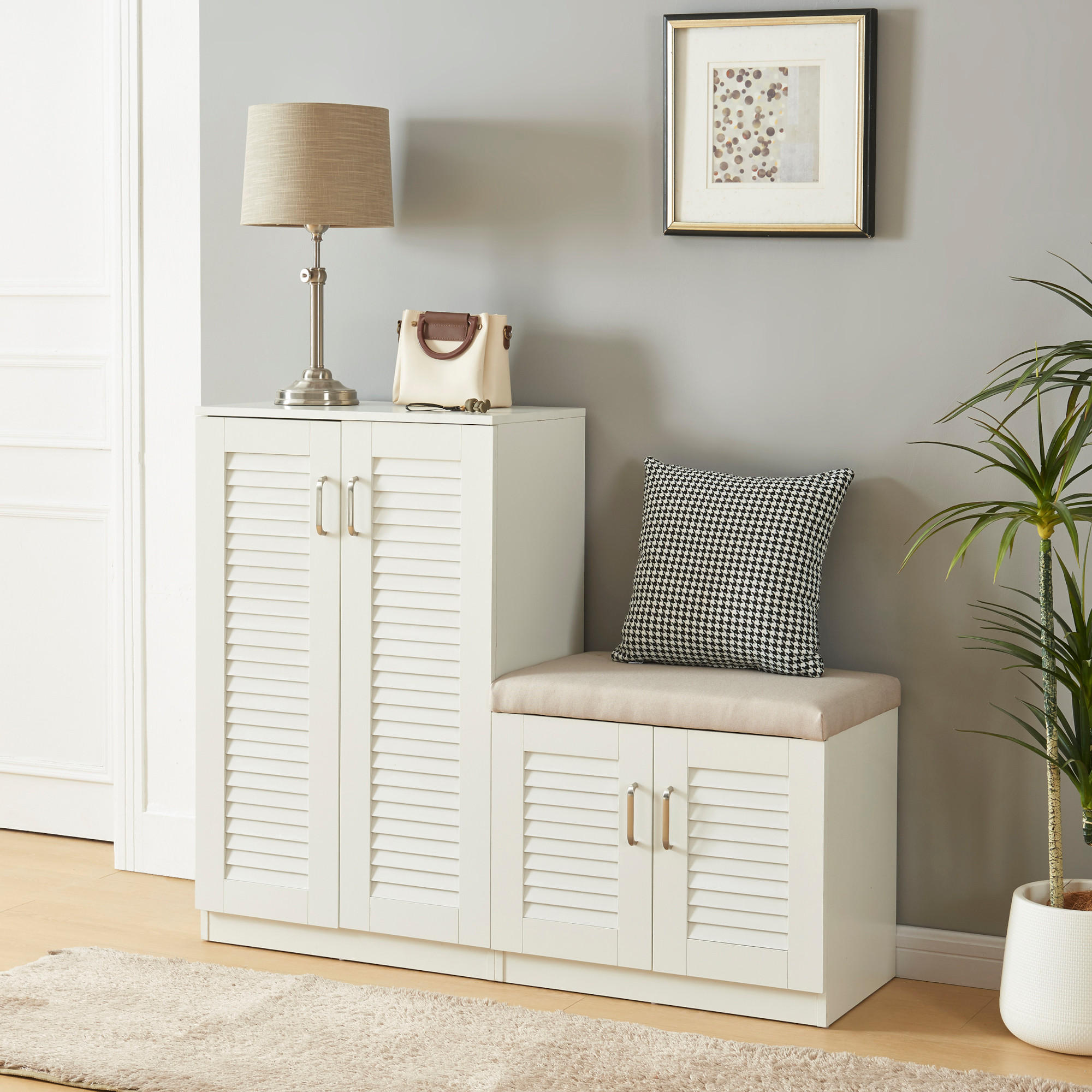 SCHUHSCHRANK Løten mit Sitzbank - Weiß, Holzwerkstoff (120/97/36cm) - [en.casa]