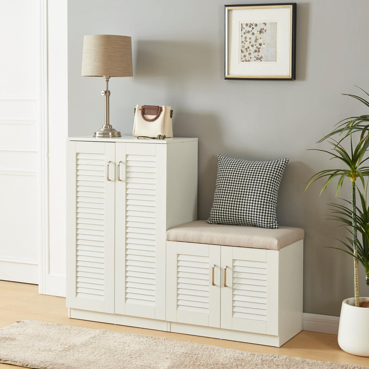 SCHUHSCHRANK Løten mit Sitzbank - Weiß, Holzwerkstoff (120/97/36cm) - [en.casa]