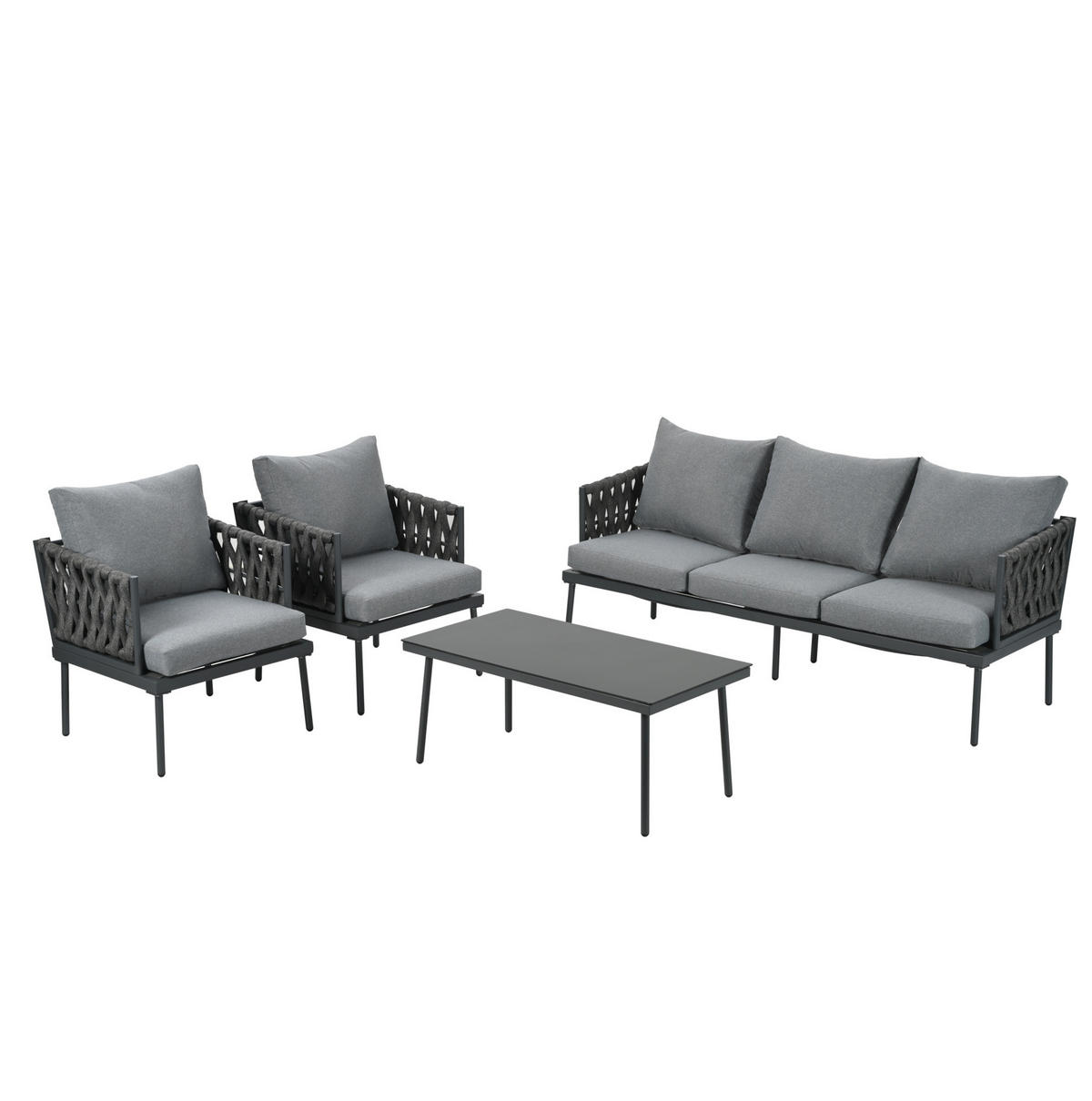 LOUNGE-SET 180/68/66 cm grau aus Polyester mit Glas-Couchtisch und Seilarmlehnen - Grau, Textil - OKWISH
