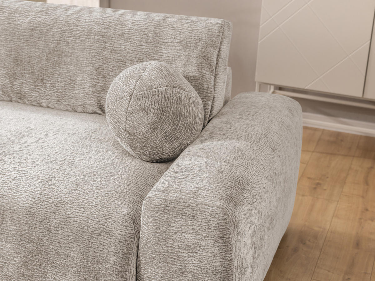 ECKSOFA Puffy mit Schlaffunktion und Bettkasten - besonders weich und puffig aus Beige Stoff mit Chenillestruktur - Ottomane links - Beige/Schwarz, Holz/Kunststoff (138/266cm) - S-Style Möbel