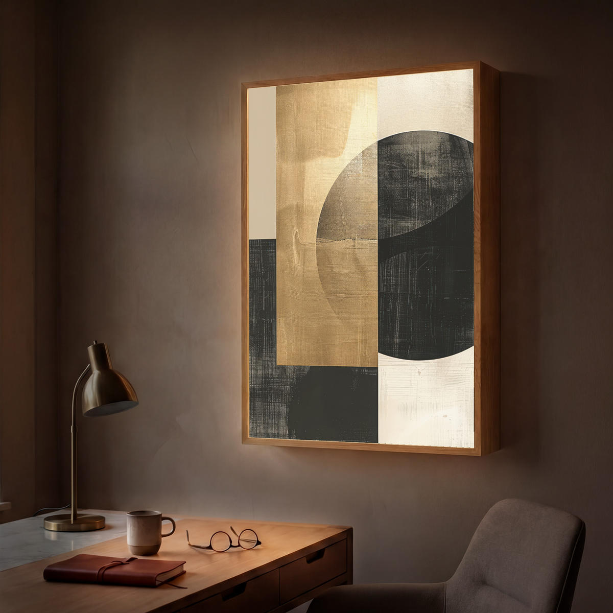 WANDLEUCHTE MIT AKKU Abstrakt - Modern - Schwarz - Gold 60x90 cm - Sandfarben, Holzwerkstoff (60/90/8cm) - OnlyWow