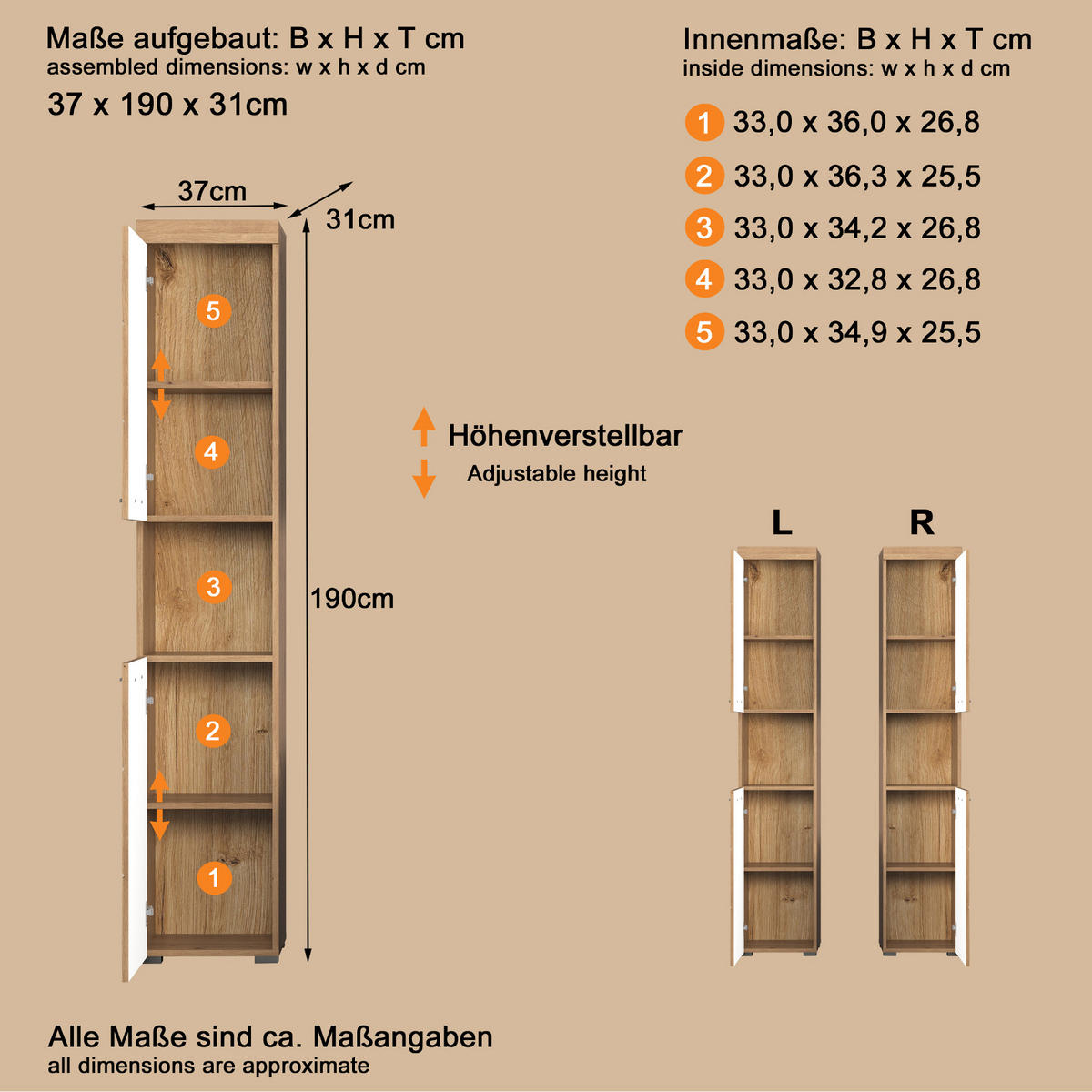 HOCHSCHRANK Asteiche 37 x 190 cm, Badschrank 2-türig - Eichefarben, Holzwerkstoff/Kunststoff (37/190/31cm) - Top.Furn
