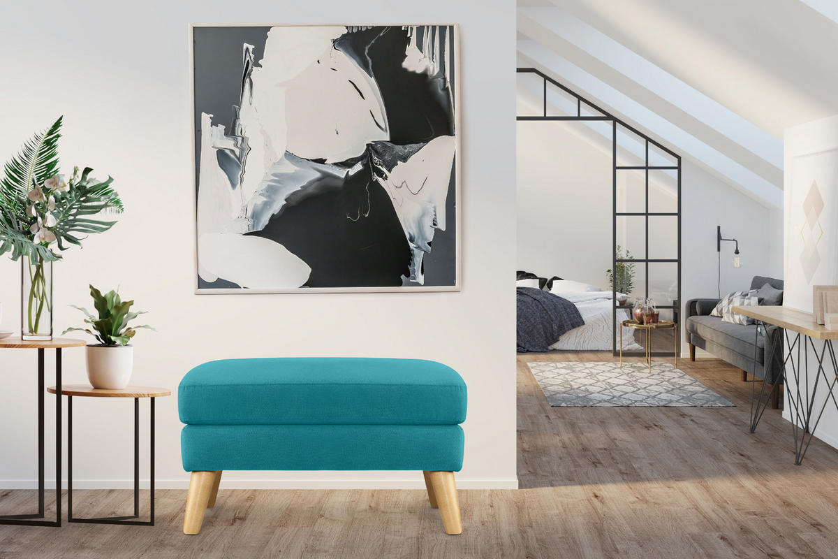SITZHOCKER TAGIO Pouffe, türkis - Türkis/Braun, Buchenholz/Textil (65/46/80cm) - KONSIMO®