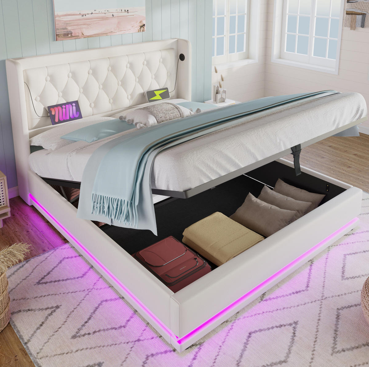 BETT mit Bettkasten USB & LED 180x200 cm PU Weiß - Weiß, Metall (180/200cm) - Meubliv