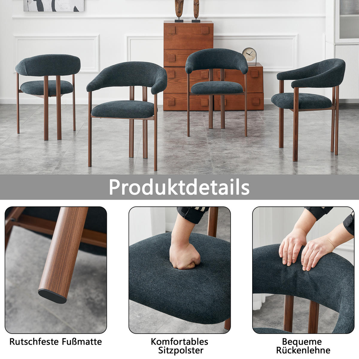 ESSZIMMERSTUHL 4ER-SET aus Stoff in Schwarz, mit Metallbeinen und Fass-Design - Schwarz, Textil (60/80.5/57.5cm) - Urban Meuble