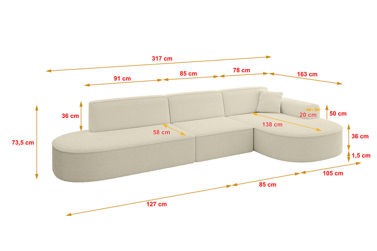ECKSOFA Ottomane Rechts MARI-L2 - 317x163x73,5 cm Beige Bouclé - Beige/Schwarz, Holzwerkstoff/Kunststoff (317/163cm) - ALTDECOR