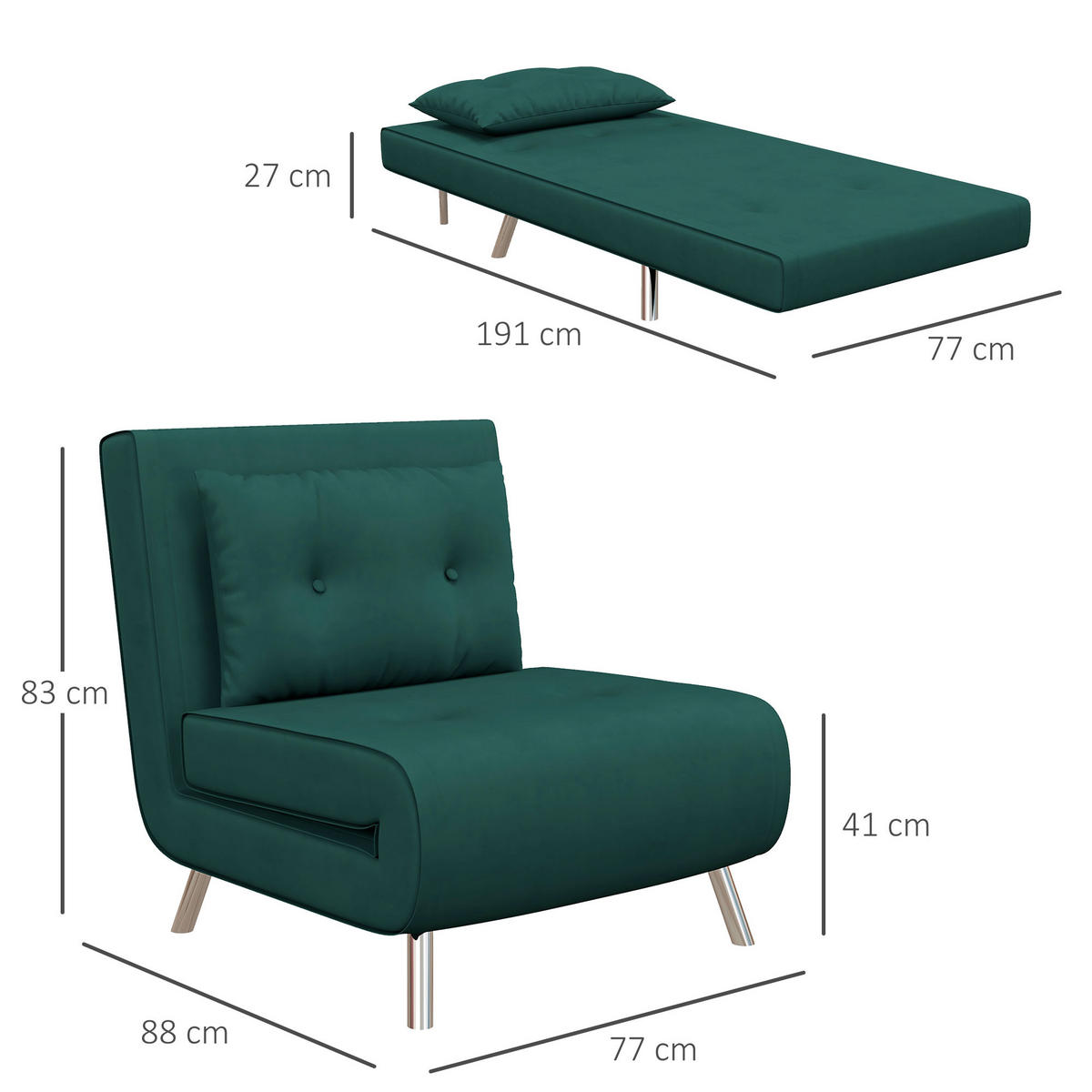 SCHLAFSESSEL Klappsessel mit Bettfunktion, Einzelsofa mit Kissen, Samtoptik Grün - Dunkelgrün/Silberfarben, Textil/Metall (88/83/77cm) - HOMCOM