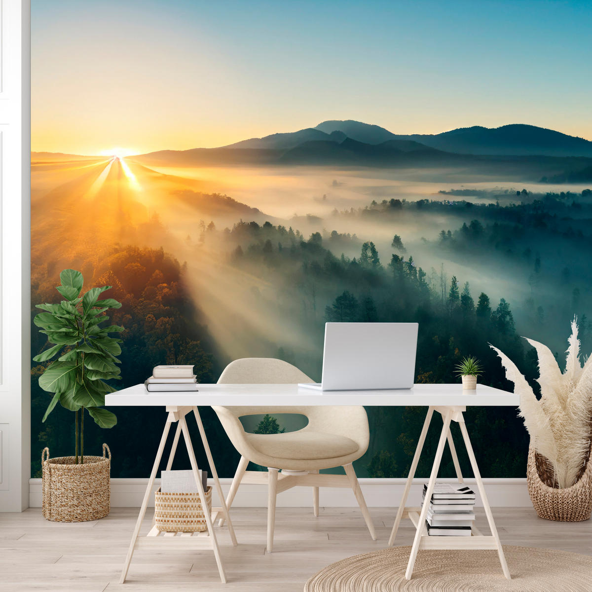 FOTOTAPETA Pre Obývaciu Izbu Východ Slnka Nad Hornatým Ihličnatým Lesom Zlato 500 x 350 cm - hnedá/žltá, papier (500/350cm) - Muralo