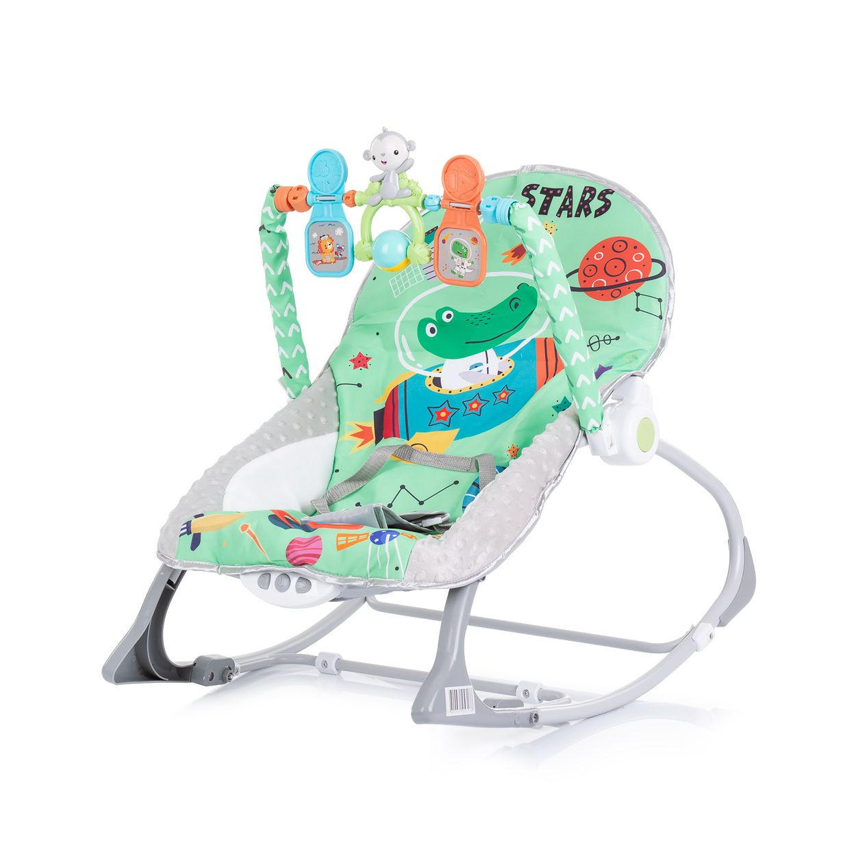 BABYWIPPE Baby Spa 2 in 1 grün Musikfunktion, Vibration, Spielbogen, 3-Punkt-Gurt, Kinderstuhl - Grün, Metall - Chipolino