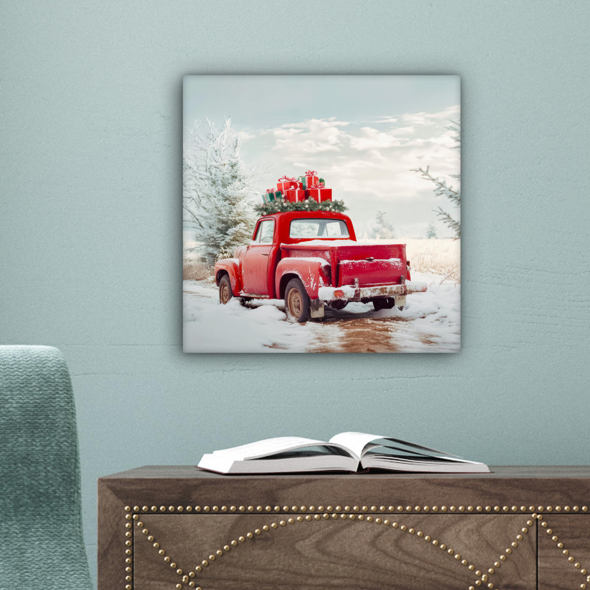 LEINWANDBILD Auto - Rot - Geschenke - Winter - Schnee - Weihnachten 20x20 cm - Rot, Textil (20/20cm) - MuchoWow