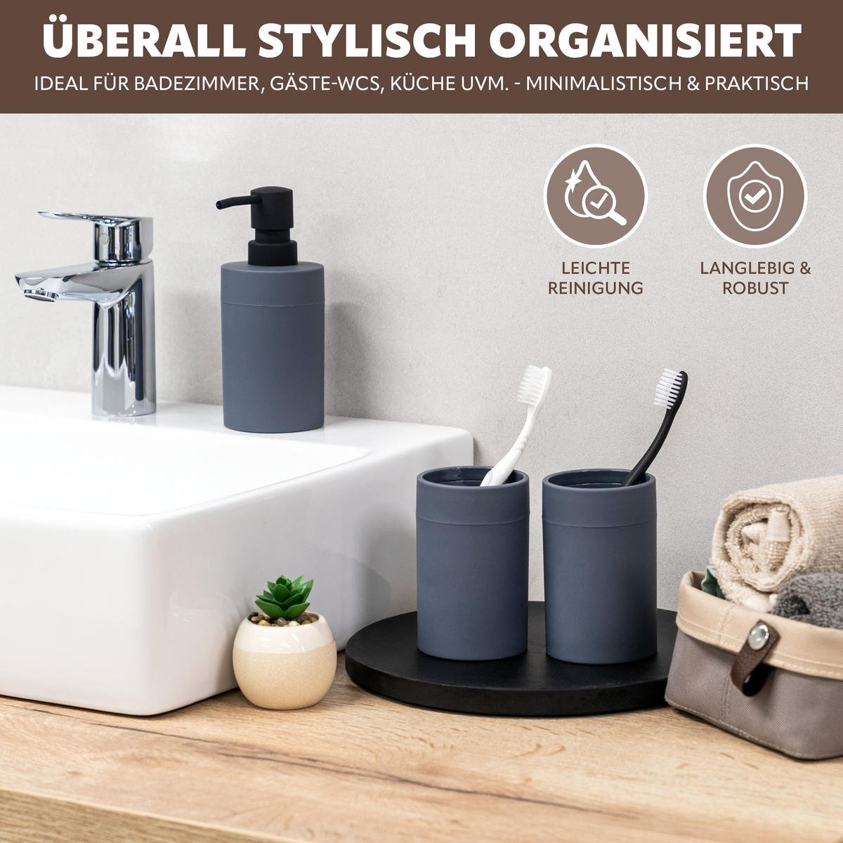 BADEZIMMER-SET SAVONA, Soft-Touch, grau, rund - Grau, Kunststoff (7/16/9cm) - bremermann