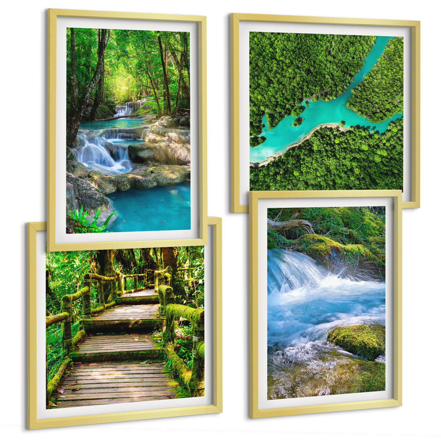 BILDER SET 4er Set - 50x50 cm & 40x60 cm Goldrahmen - Grüne Wälder, kristallklares Wasser - Goldfarben, Kunststoff (50/50cm) - TULUP