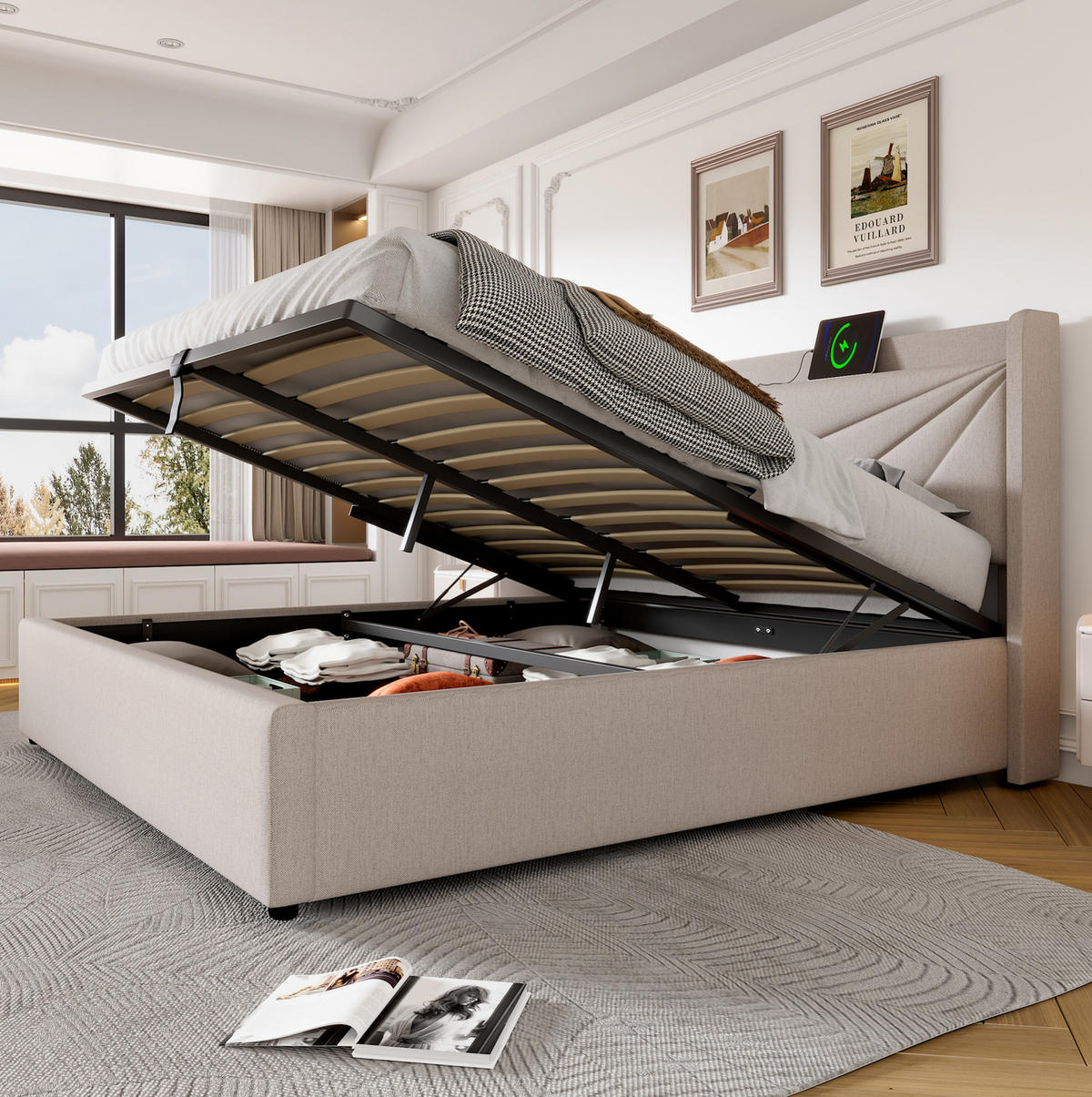 POLSTERBETT mit Bettkasten und USB/Typ-C 160x200 cm Beige - Beige, Metall (160/200cm) - Meubliv