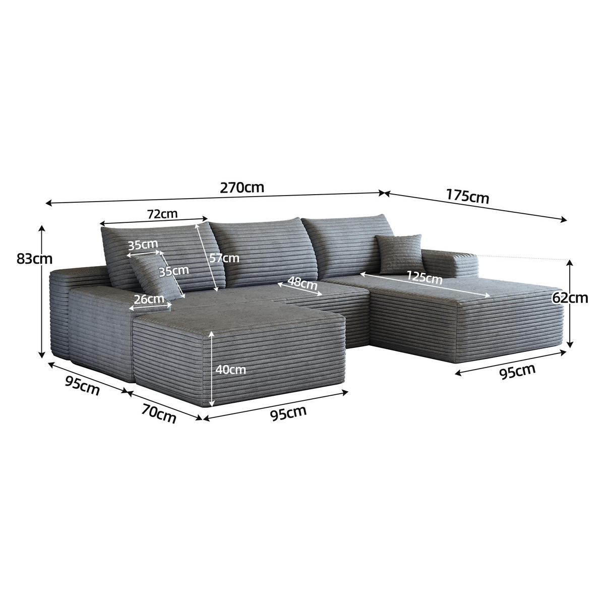 WOHNLANDSCHAFT DE-34857 U-Form 2-Sitzer Chaiselongue rechts Grau - Grau, Textil (175/83/270cm) - ComfortXL