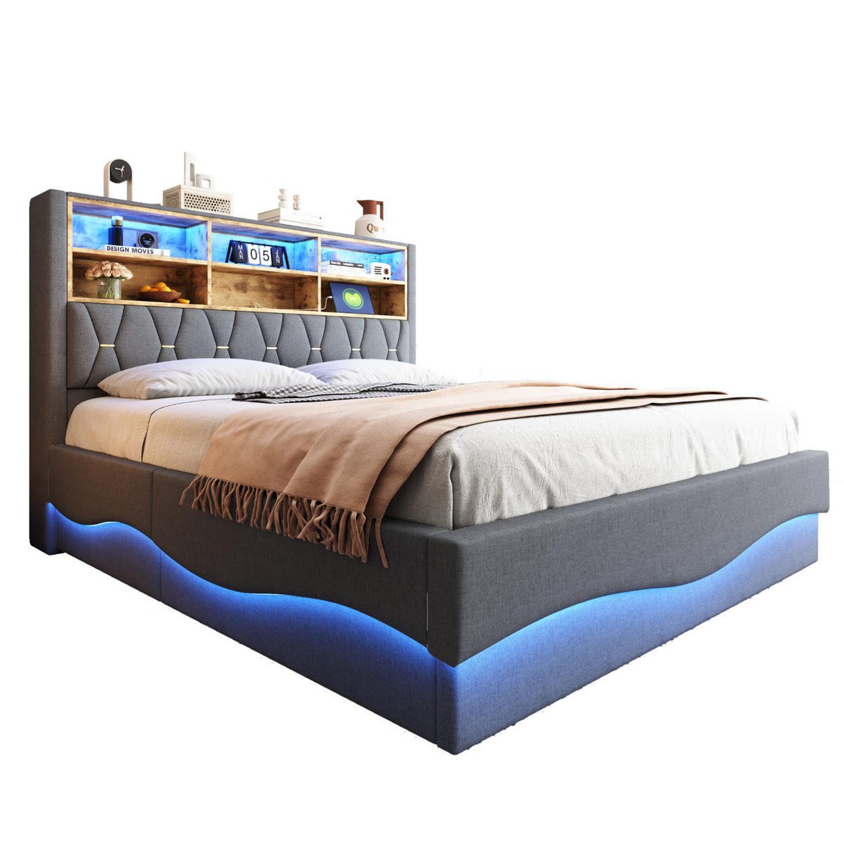 ČALOUNĚNÁ postel 180/200 cm šedá z kovu a lnu s LED osvětlením USB a úložným prostorem - šedá, kov (180/200cm) - OKWISH