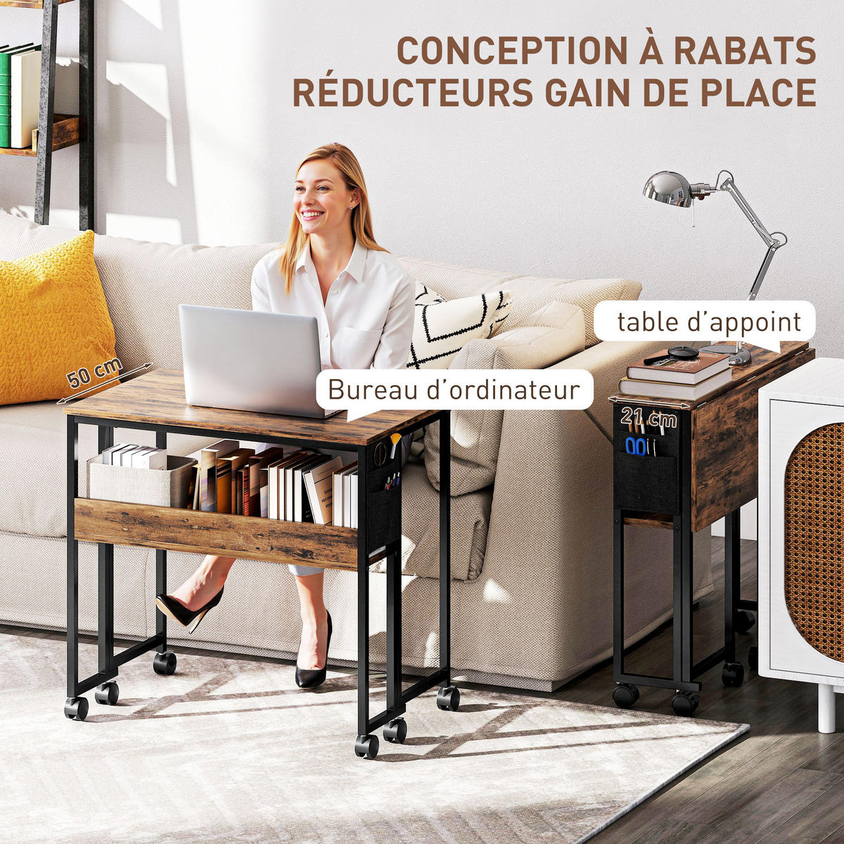 SCHREIBTISCH Braun klappbar mit Rollen und Ablage 80/50/75 cm - Rotbraun, Holzwerkstoff (50/80/75cm) - PANGIVO