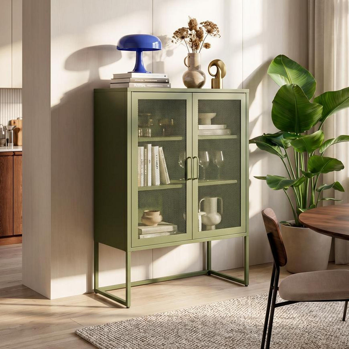 HIGHBOARD im Industrial-Design aus Metall H.120cm 2 Türen Streckmetall Olivgrün - Kai - Grün, Metall (85/120/45cm) - Sicaan