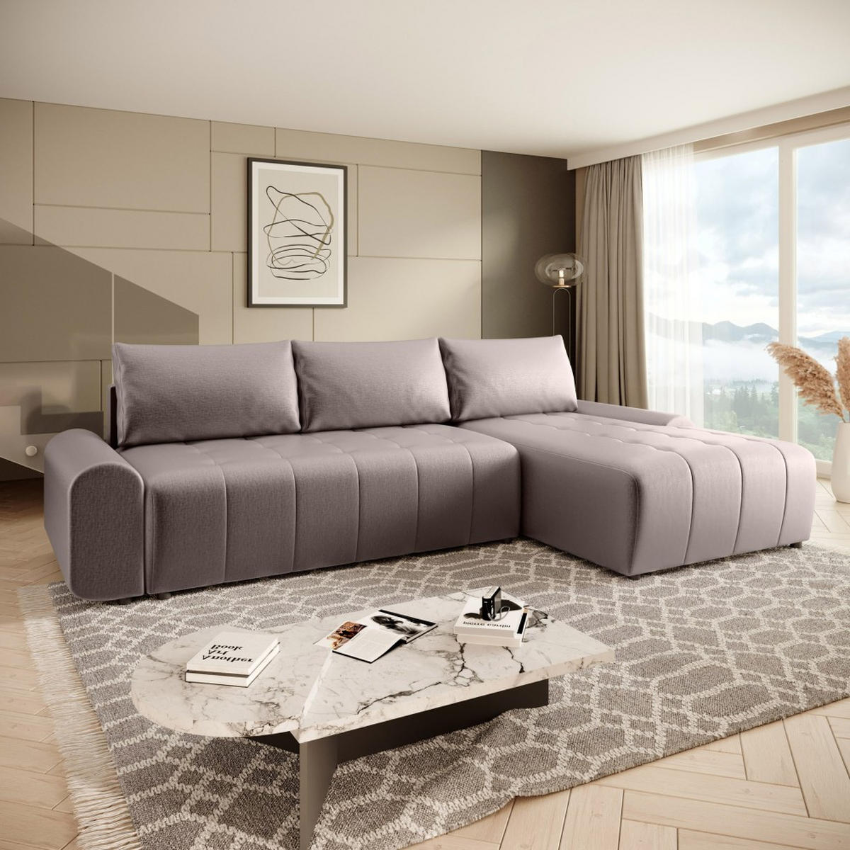 ECKSCHLAFSOFA Costa L Taupe rechts - Taupe/Schwarz, Kunststoff/Textil (290/169cm) - Beautysofa