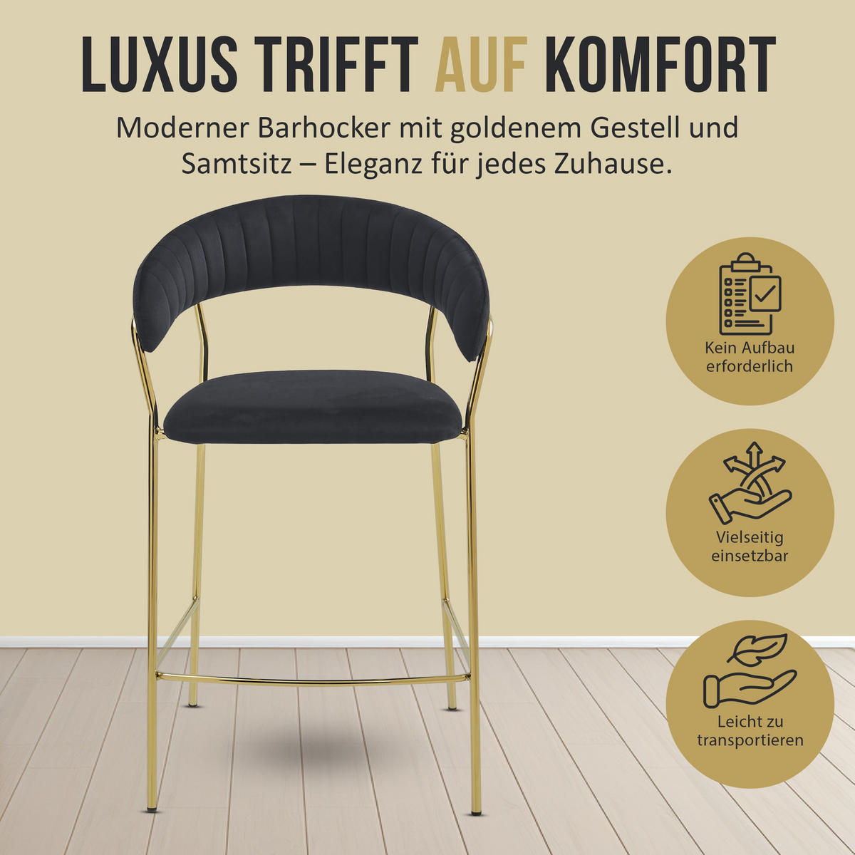 BARHOCKER 2er Set Beige Velours, geriffelte Rückenlehne, Metallgestell vergoldet, Modernes Design, Thekenhöhe - Beige, Textil (48/97/46cm) - Best For Home