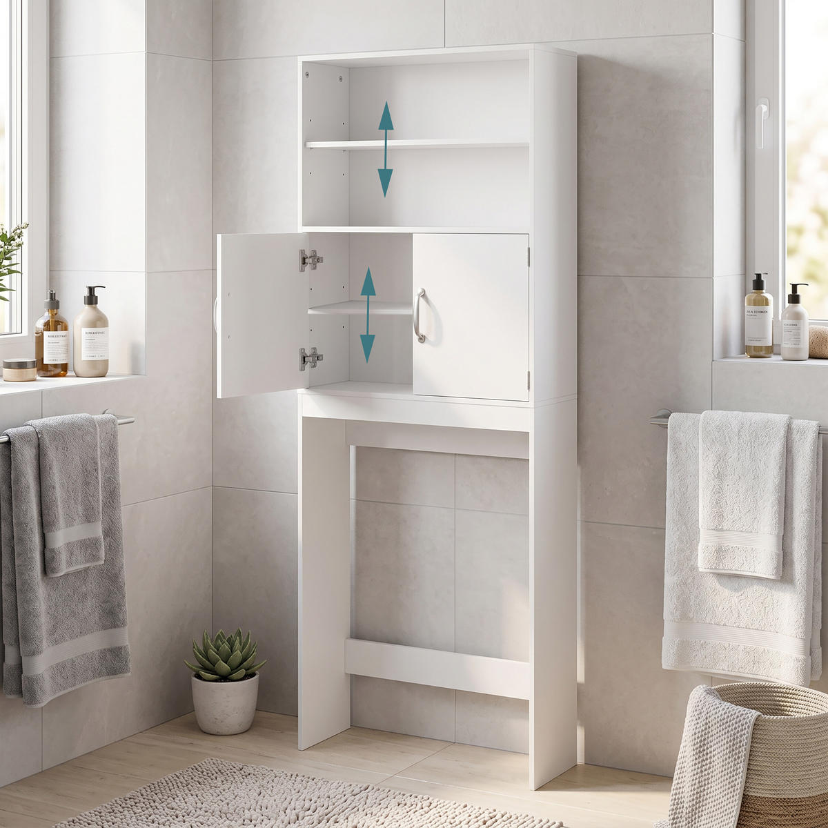 SKŘÍŇKA Bílá dřevotříska nad pračku 2-dveřová - bílá, kompozitní dřevo (63/185/20cm) - Relaxdays