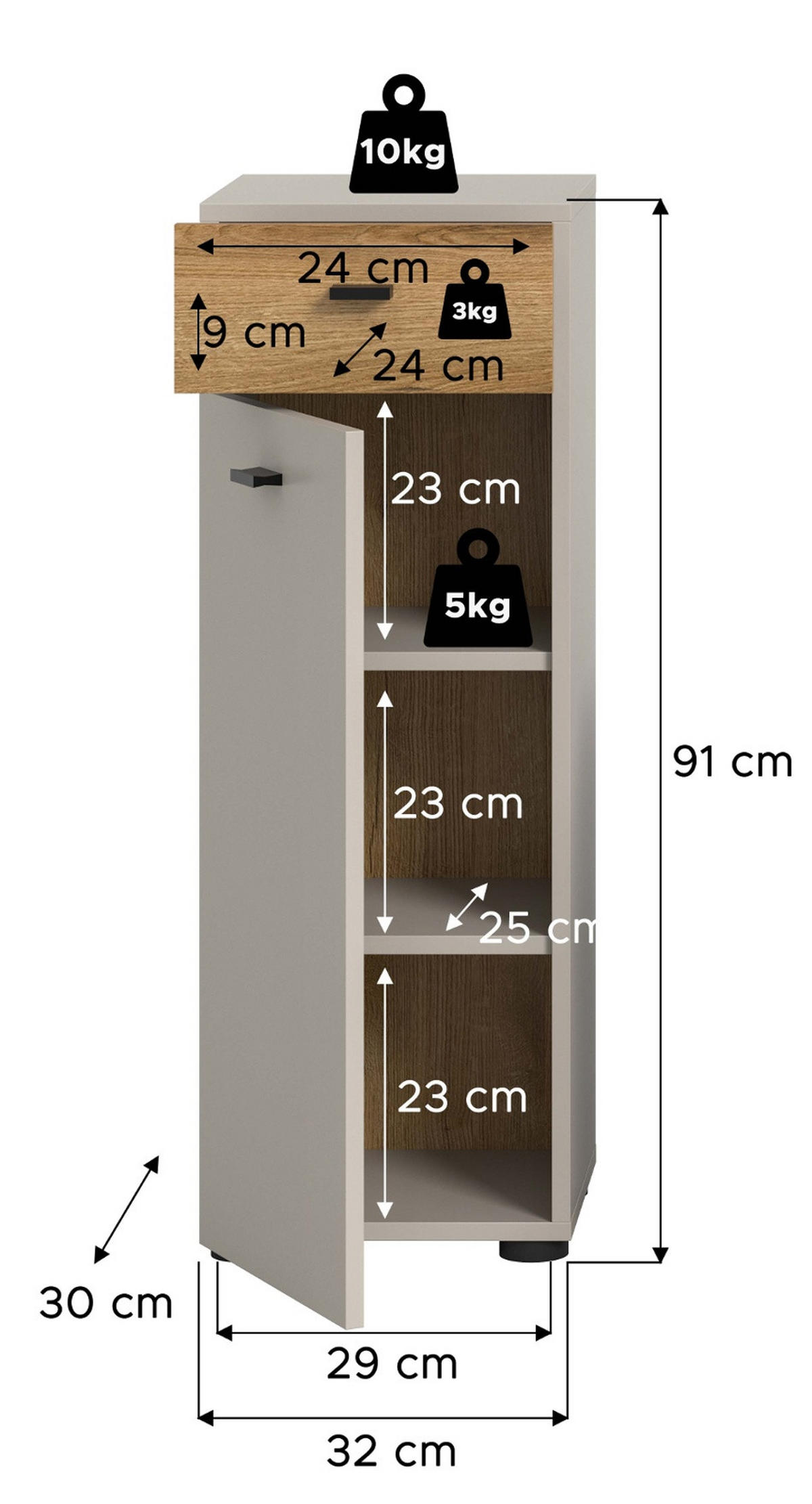 BADKOMMODE Kaschmir, Evoke Eiche 32 cm, Midischrank mit wechselbarem Türanschlag - Kaschmir/Eichefarben, Holzwerkstoff/Kunststoff (32/91/30cm) - Inn.Furn