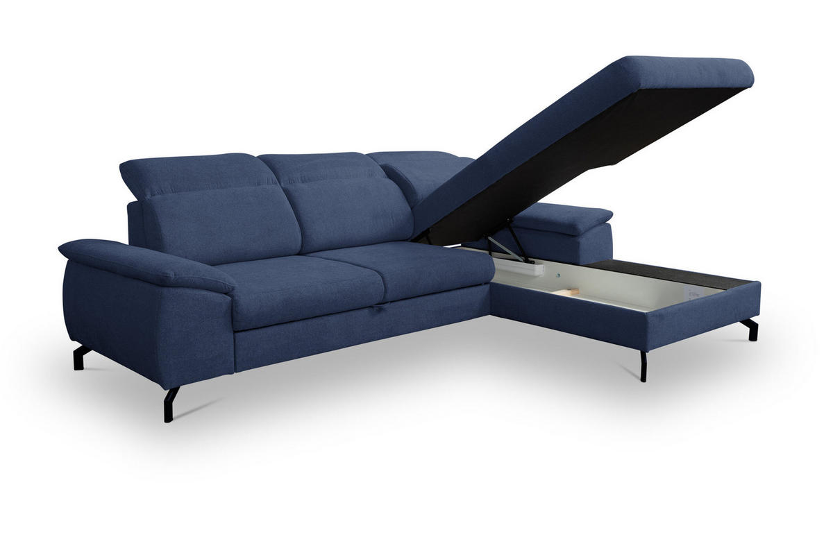 ECKSOFA MALIBU mit Schlaffunktion und Bettkasten, Farbe: Blau , Velourstoff, Ottomane Rechts - Blau, Textil (276/184cm) - VENASI MÖBEL
