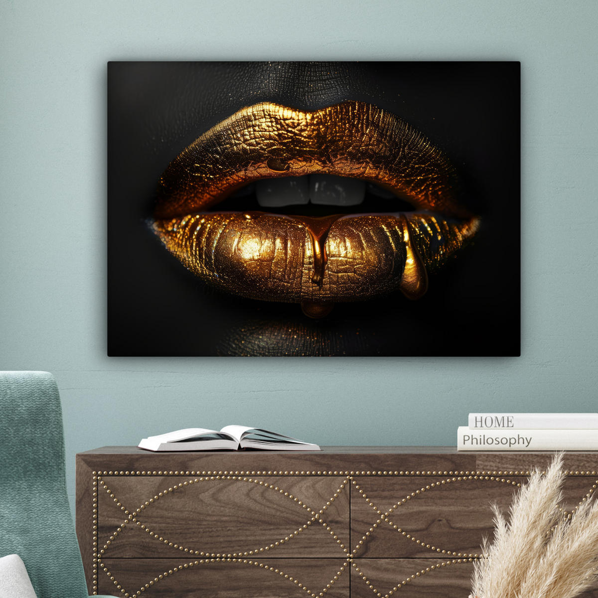 LEINWANDBILD Frau - Porträt - Lippen - Gold - Schwarz Wandbilder 80x60 cm - Schwarz, Textil (80/60cm) - MuchoWow