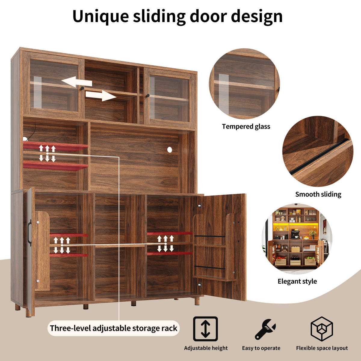 BUFFET LED-Beleuchtung Walnussfarben 140/40/185 cm - Walnussfarben, Holz (140/185/40cm) - PANGIVO