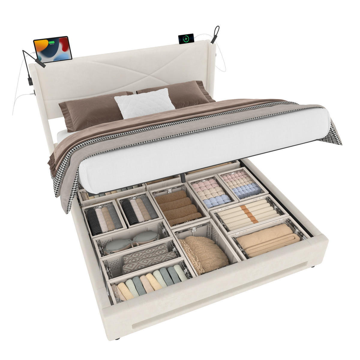 BETTGESTELL 140/200 cm Beige mit LED-Lichtleisten und hydraulischem Stauraum - Beige, Textil (140/200cm) - OKWISH