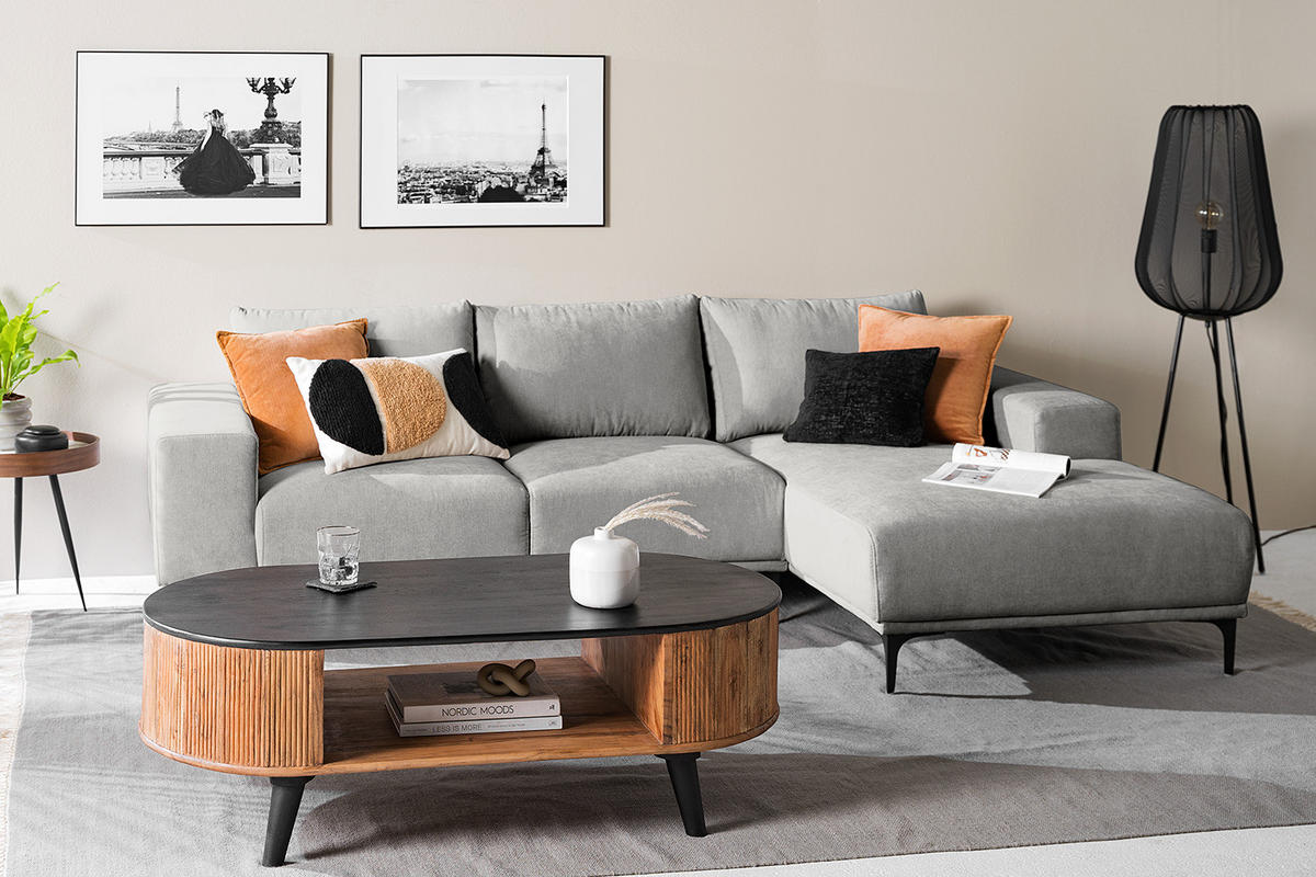 ECKSOFA - Schwarz/Grau, Textil/Metall (244/150cm) - home24