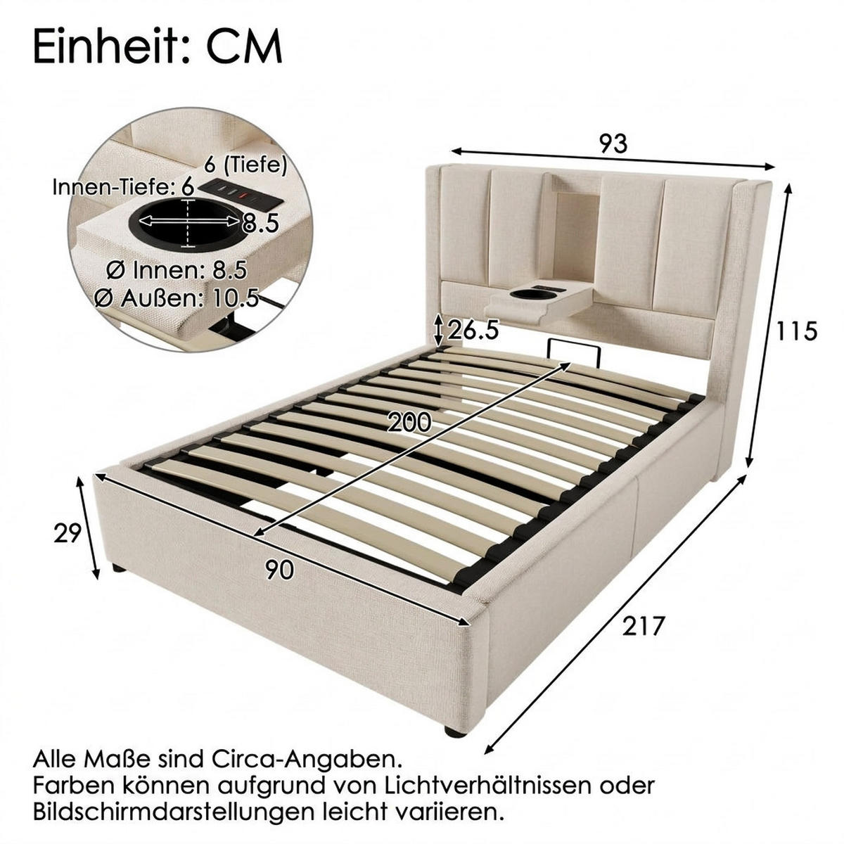 POLSTERBETT 90/200 cm Beige mit verstecktem Becherhalter und Ladestation (Ohne Matratze) - Beige, Textil (90/200cm) - Oxeza