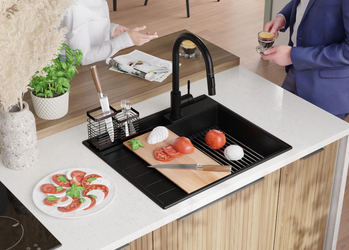 GRANITSPÜLE Sydney Pocket, 2-er set Schwarz 62/53 cm 1 Becken + Küchenarmatur 32/20 cm + Ablauf-Set + Küchenzubehörset ab 45er Unterschrank - Chromfarben/Beige, Kunststoff (62/20/53cm) - Primagran