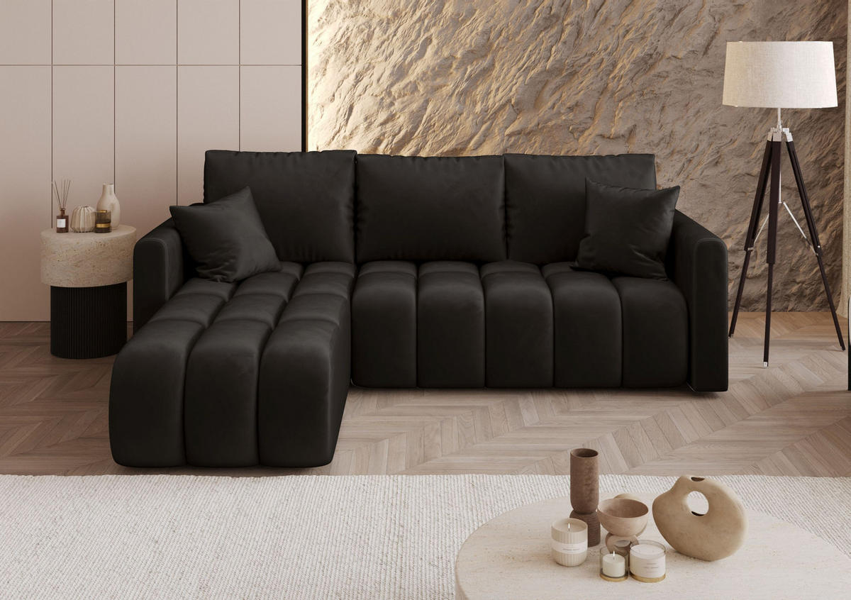 ECKSOFA GARDA links schwarz Velours Monolith 97 - Schlaffunktion, Bettkasten - Schwarz, Textil (230/150cm) - Cornero