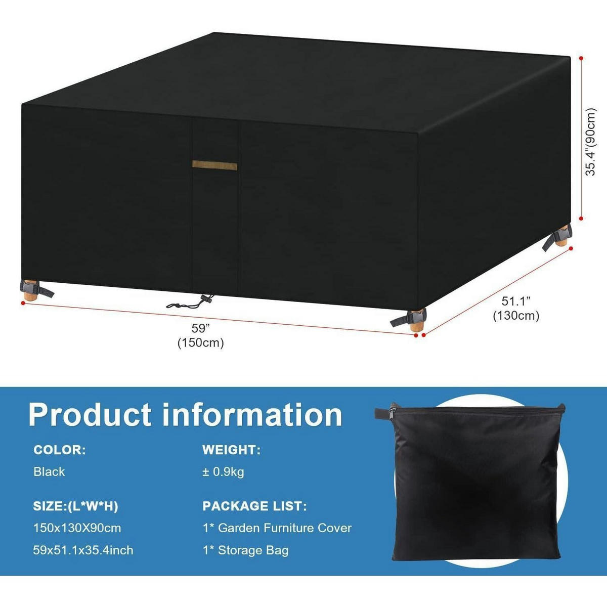 GARTENMÖBEL Abdeckplane 150 x 130 x 90 cm Rechteckig Wasserdicht - Schwarz, Textil (150/130/90cm)