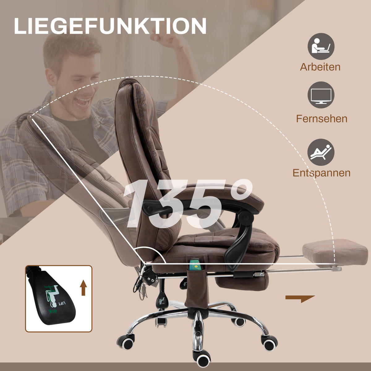 BÜROSTUHL mit Massagefunktion, Ergonomisch Schreibtischstuhl mit Liegefunktion - Silberfarben/Braun, Kunststoff/Textil (70/119/65cm) - Vinsetto
