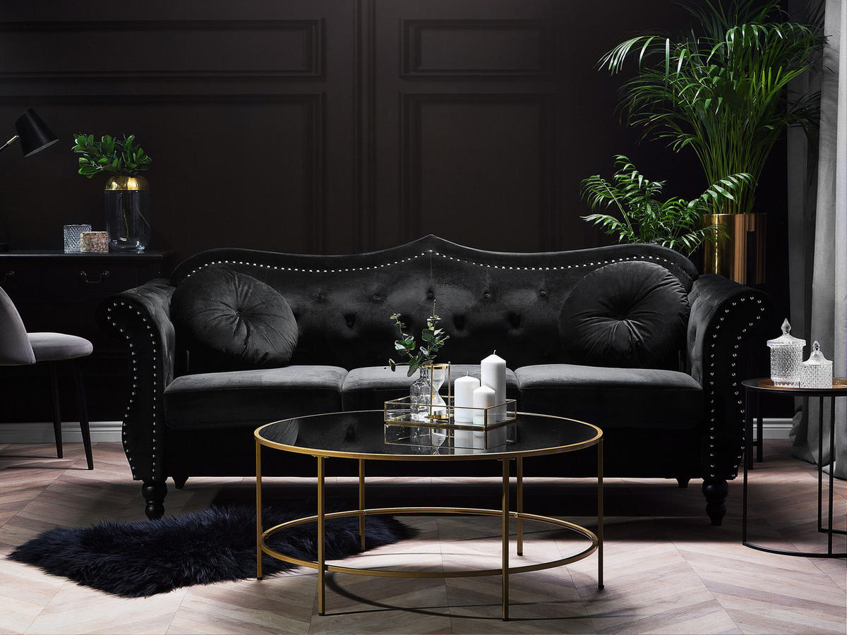 3-SITZER-SOFA Samtstoff Schwarz Skien - Schwarz, Textil (200/91/83cm) - Beliani
