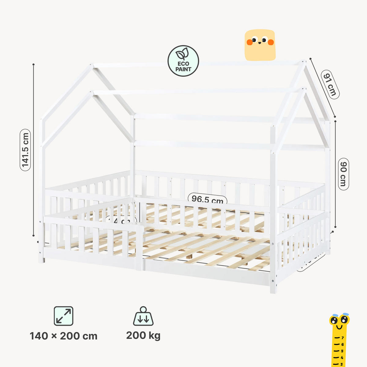 HAUSBETT Hesel mit Matratze - Weiß, Holz/Textil (140/200cm) - [en.casa]