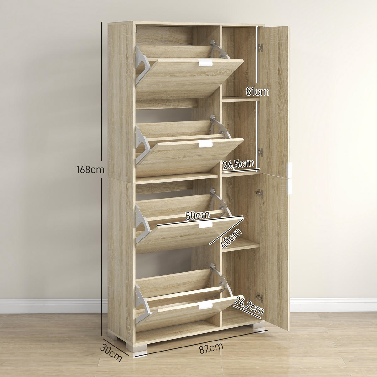 SCHUHSCHRANK DE-15005 4 Klapptüren & 2 Spiegel-Schränke Natur - Eichefarben, Holzwerkstoff (82/168/30cm) - ComfortXL