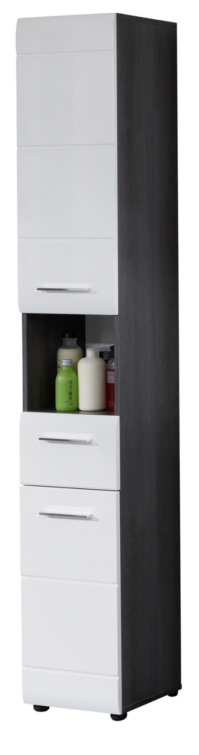 HOCHSCHRANK weiß Hochglanz, grau Rauchsilber 30 cm, Badschrank wechselbarer Türanschlag - Weiß Hochglanz/Silberfarben, Holzwerkstoff/Kunststoff (30/182/31cm) - Top.Furn