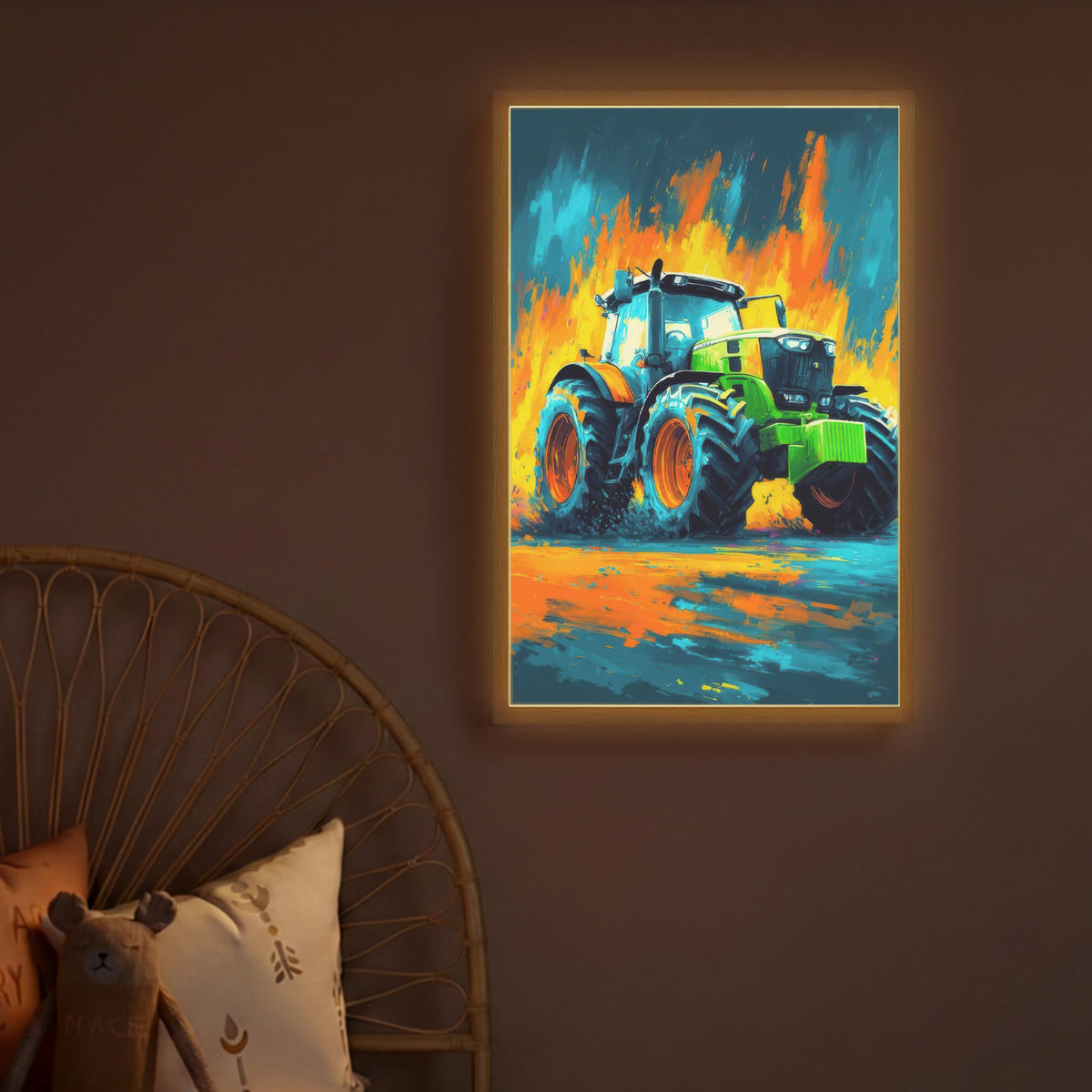 NÁSTĚNNÁ LAMPA S AKUMULÁTOREM Abstrakt - Traktor - Zelený 40x60 cm - tmavě modrá, kompozitní dřevo (40/60/8cm) - OnlyWow
