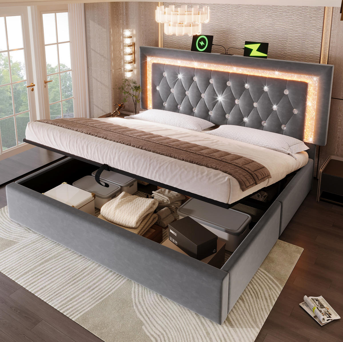 POLSTERBETT mit LED und Stauraum 140x200 cm Samt Grau - Grau, Metall (140/200cm) - Meubliv
