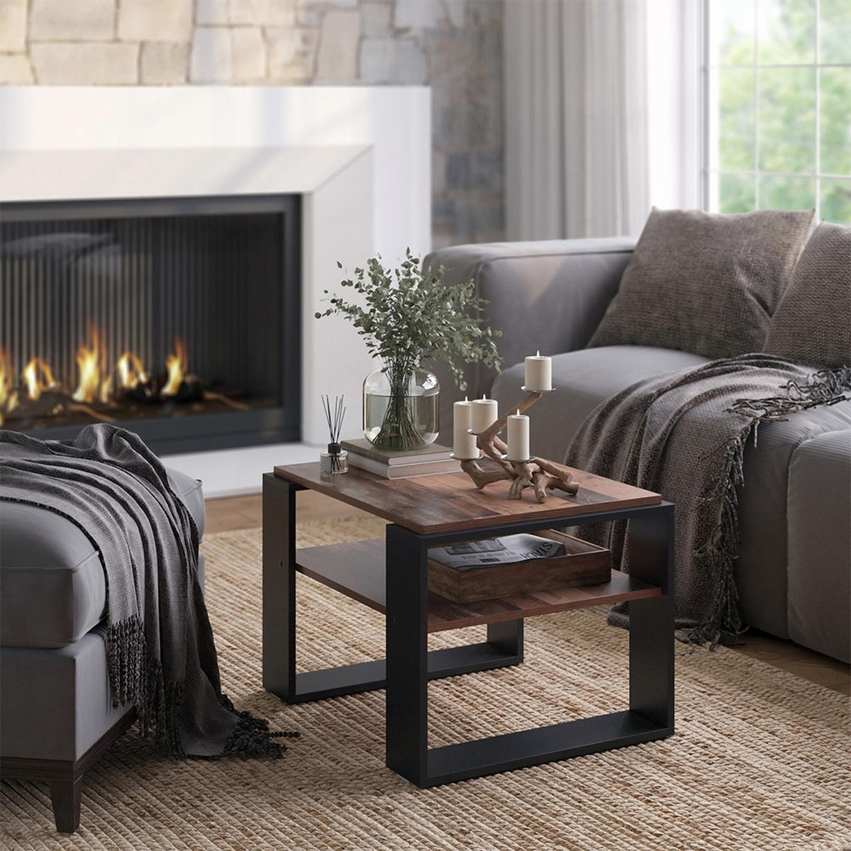 COUCHTISCH Helm Antikholz 65.6 x 55,8 cm mit Ablage - Alteiche/Schwarz, Holzwerkstoff (55.8/65.6/46.2cm) - Vicco